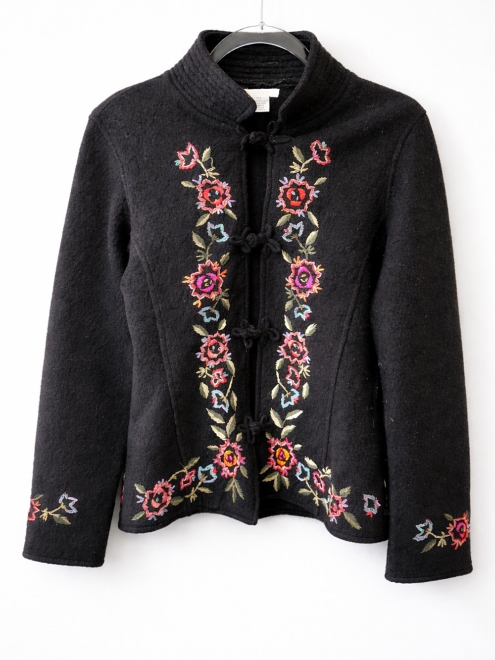 Anthropologie Black Embroidered Floral Wool and Alpaca Sweater Jacket Grannycore